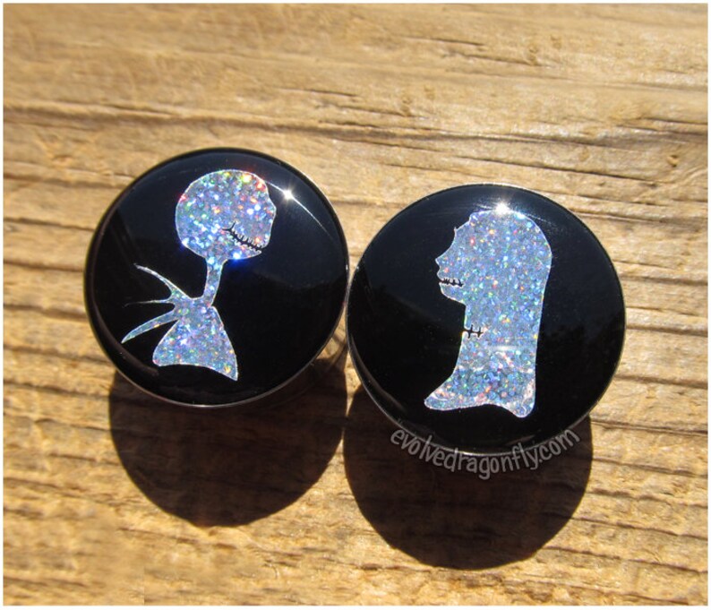Double Flare Jack and Sally Silver Holographic Glitter Plugs Mystery Bonus Plugs! 58 16mm Plugs SHOP CLOSING