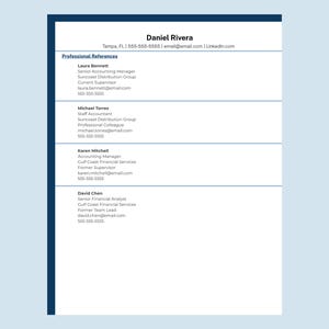 May include: A professional reference document for Daniel Rivera, listing contact details and four references: Laura Bennett, Michael Torres, Karen Mitchell, and David Chen, including their job titles, company names, and contact information.