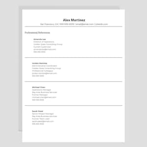May include: A resume template with the name "Alex Martinez" at the top, followed by contact information. The document lists professional references, including names, titles, and contact details, all in a clean, minimalist design.