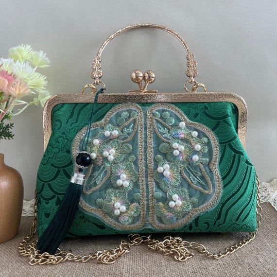 Dark Green Floral Embroidered Handbag, Handmade Crossbody Shoulder Bag with Handle, Elegant Vintage Purses，Elegant Gift for Mom