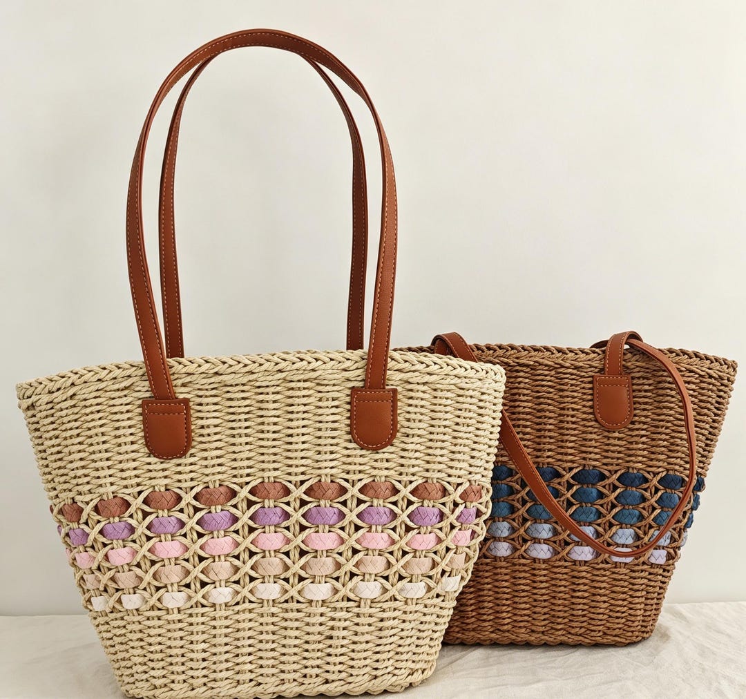 Handmade Straw Beach Tote Bag With PU Leather Straps, Large Capacity ...