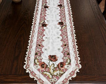 Camino de mesa bordado o mantel individual victoriano rosa, tela marfil, varios tamaños
