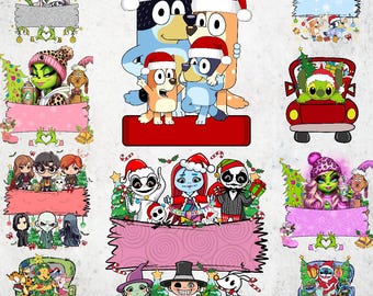 Christmas Cartoon Characters PNG Bundle, Personalized Christmas Name Frame Clipart, Cute Blue Stitch Grinch Sublimation Digital Download