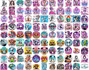 Paquete de pegatinas sarcásticas en formato PNG / Clip art de mapache esqueleto gótico pastel / Diseños de sublimación con citas de humor negro y divertidos (descarga digital)
