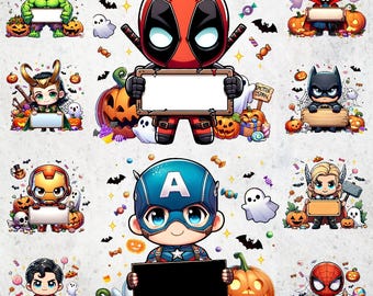 Paquete PNG de superhéroes de Halloween / Imágenes prediseñadas de marcos de nombres personalizables / Diseños de letreros en blanco de dibujos animados chibi lindos para sublimación (descarga digital)