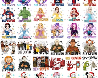 Divertidos seis siete PNG: Paquete de diseños de memes de personajes de terror de superhéroes de Disney, camiseta de pareja con frase viral, descarga digital