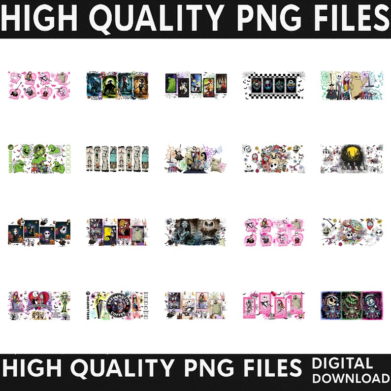 May include: A collection of twenty digital PNG files featuring various graphic illustrations of characters from The Nightmare Before Christmas, including Jack Skellington, Sally, and Oogie Boogie, displayed in a grid layout with text.