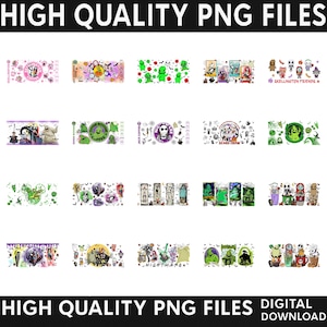 May include: A collection of twenty digital PNG files featuring various graphic illustrations of characters from The Nightmare Before Christmas, including Jack Skellington, Sally, and Oogie Boogie, with text elements like Skellington Friends.