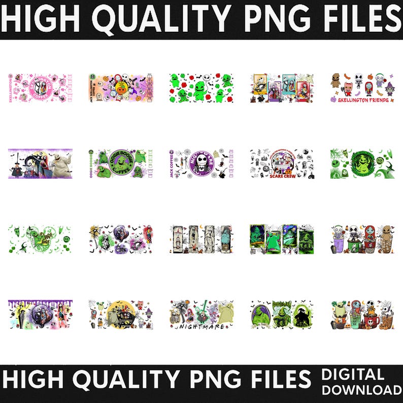 May include: A collection of twenty digital PNG files featuring various graphic illustrations of characters from The Nightmare Before Christmas, including Jack Skellington, Sally, and Oogie Boogie, with text elements like Skellington Friends.