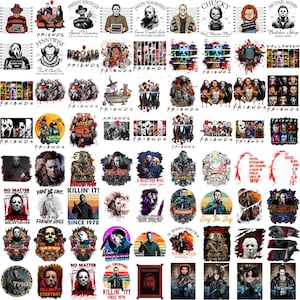 May include: A collection of graphic designs featuring horror movie characters and themes, including Michael Myers, Freddy Krueger, Jason Voorhees, and Pennywise, with various text elements like Friends, Halloween, and movie-inspired quotes.