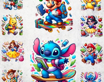 Paquete PNG de regreso a clases / Diseño de sublimación de princesa Disney chibi / Clip art de maestra de Marvel con lazo retro / Archivo Cricut de Super Mario