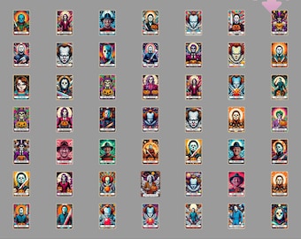 Cartas de tarot de películas de terror PNG, paquete de cartas de tarot, PNG de personajes de terror, muñeca asesina, cartas de tarot espeluznantes, sublimación de tarot de Halloween, digital