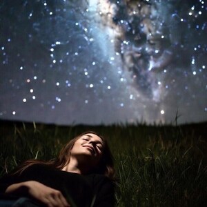Könnte beinhalten: Eine Person liegt in einem grasbewachsenen Feld und blickt in einen sternenübersäten Nachthimmel. Der dunkle Himmel ist mit zahlreichen hellen Sternen und einer leuchtenden Galaxie gefüllt. Die Person trägt ein schwarzes Oberteil.