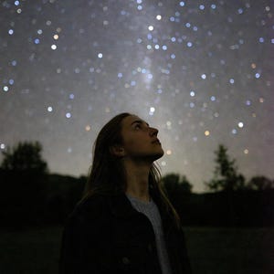 Peut inclure: Une personne regarde le ciel nocturne parsemé de nombreuses étoiles brillantes. La personne porte une veste sombre et un t-shirt gris. L'arrière-plan présente une silhouette sombre d'arbres.
