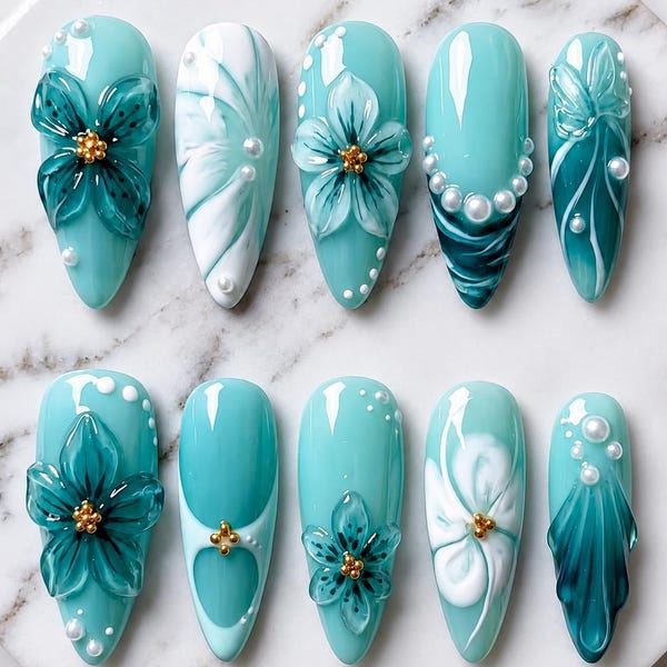 Turquoise 3D Flower Press On Nails, Glossy Pearl Almond Set, Ocean Blue Nail Art