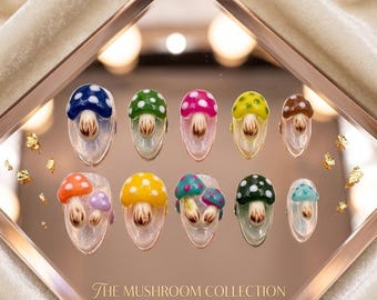 3D Mushroom Press on Nails, Handcrafted Cute Toadstool Nail Art, Reusable Gel Nails, Whimsical Cottagecore Fake Nails for Any Occasion