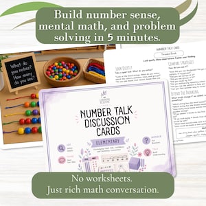 以下が含まれることがあります： 小学校算数向けのNumber Talkディスカッションカードセット。花柄のタイトルカード、糸通しビーズ用のカード、What do you notice? How many do you see?と書かれた小さな黒板、そしてカラフルなビーズが含まれています。