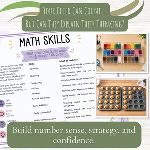 以下が含まれることがあります： MATH SKILLSというタイトルの教育用ドキュメントで、ナンバートークカードの使用方法を説明するテキストが含まれています。色鉛筆が入った透明なプラスチック製オーガナイザーと、焼き菓子が入った2つのマフィン型という2枚の挿入写真が掲載されています。