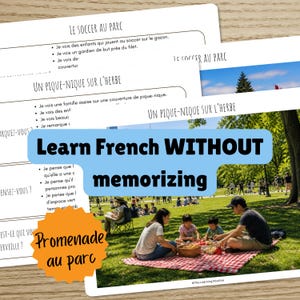 May include: Educational materials for learning French. The image shows printed worksheets with French phrases and a picnic scene in a park. Text on the image says "Learn French WITHOUT memorizing" and "Promenade au parc".