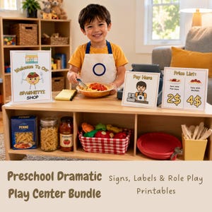 May include: A preschool dramatic play set featuring printed signs for a spaghetti shop, a price list, and a pay here sign. The set includes a yellow bowl of play spaghetti, a box of penne, a jar of marinara sauce, a red checkered basket, and utensils.