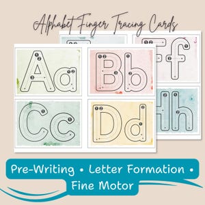 May include: Alphabet finger tracing cards featuring uppercase and lowercase letters A, B, C, D, F, and H. Each card has a watercolor background and dotted lines with numbered arrows to guide tracing. The cards are designed for pre-writing, letter formation, and fine motor skill development.
