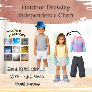 Pode incluir: Um gráfico educativo intitulado Outdoor Dressing Independence Chart apresentando duas crianças, ícones meteorológicos e roupas de inverno, incluindo uma jaqueta rosa, azul e roxa, calças cinza-escuras, luvas estampadas e botas coloridas.