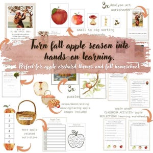 Op de afbeelding: Een verzameling educatieve printables met werkbladen, flashcards, puzzels en activiteitenbladen met een appelthema. De set bevat illustraties van appels, manden en bomen, met de tekst Turn fall apple season into hands-on learning.