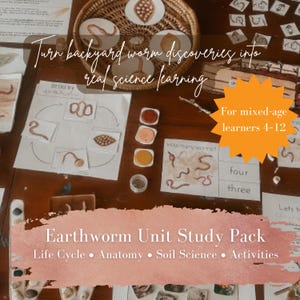 May include: An Earthworm Unit Study Pack featuring educational materials, including a life cycle diagram, counting cards, and a woven basket with illustrated worm cards. Text includes "Turn backyard worm discoveries into real science learning" and "Earthworm Unit Study Pack".