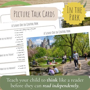 Könnte beinhalten: Bildgesprächskarten mit dem Titel "A Sunny Day in Central Park" werden gezeigt. Das Bild zeigt eine Parkszene mit Menschen, Bäumen und einem Teich. Die Karten enthalten Fragen zu Beobachtungen, Gedanken und Wundern. Der Text "Teach your child to think like a reader before they can read independently" ist ebenfalls sichtbar.