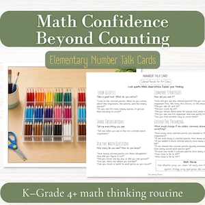 Pode incluir: Um conjunto de cartões de discussão matemática intitulado Math Confidence Beyond Counting, apresentando uma fotografia de lápis de cor em organizadores transparentes e uma folha de trabalho com texto incluindo Look Quietly, Compare Strategies e Share Observations para K-Grade 4.