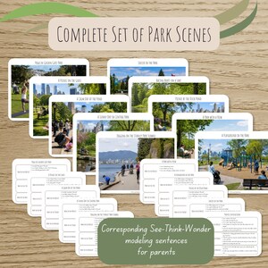 Könnte beinhalten: Ein komplettes Set von Park-Szenen-Karten mit verschiedenen Parkaktivitäten, darunter Yoga, Picknicks und Joggen. Die Karten zeigen Bilder von Parks und enthalten Text für Eltern. Der Text auf den Karten lautet "Complete Set of Park Scenes" und "Corresponding See-Think-Wonder modeling sentences for parents."