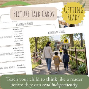 May include: A set of educational Picture Talk Cards titled Getting Ready, featuring a printed worksheet with the heading Walking to School, bulleted prompts for observation, and a photograph of an adult and two children walking to school.