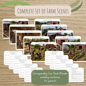 May include: A complete set of farm scene cards with various images of farm life, including a chicken coop, barn chores, and harvesting vegetables. The set includes corresponding modeling sentences for parents.