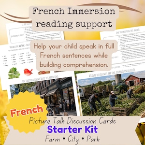 May include: Educational materials for French language learning. The image features discussion cards with the text "French Picture Talk Discussion Cards Starter Kit" and "French Immersion reading support." The cards cover topics like farm, city, and park, designed to help children build comprehension.