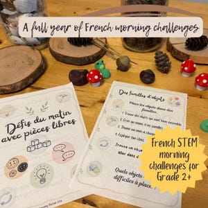Puede incluir: Dos hojas de actividades impresas tituladas A full year of French morning challenges y Défis du matin avec pièces libres, rodeadas de elementos naturales que incluyen piñas, rodajas de madera, bellotas y pequeñas figuras de setas.