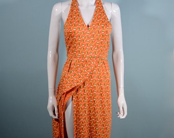 70s Geoffrey Beene Boutique, Sleeveless Wrap Halter Maxi Dress, Orange Print, S