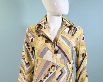 Mini robe à motif géométrique vintage des années 60, grand col pointu XS/S