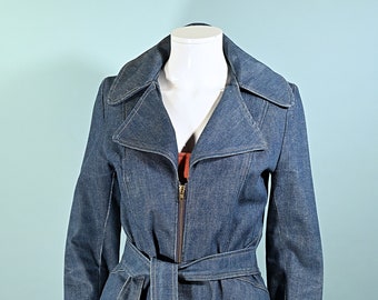 vintage années 60/70 Denim Mini Coat, Hippie Mod Belted Denim Jacket XS/S