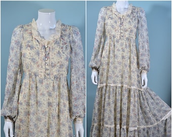 Vintage Candi Jones Floral Maxi Dress, 70s Flowing Peasant Dress S