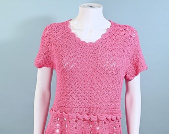 Vintage Hot Pink Crochet Mini Dress, Mod Knit Dress M