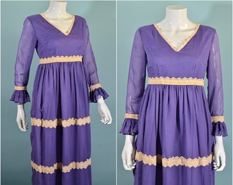 SALE Vintage 60s/70s Purple Maxi Dress Ruffle & Lace Details, Mod Empire Waist by Splendiferous XS
