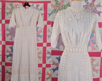 Antique/Vintage Edwardian/Victorian Dress, White Lace Lawn Dress S