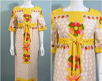 Alex Coleman 60s Mod Hippie Maxi Dress, Empire Waist Floral Print Dress