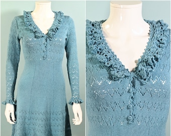 Vintage 60s Mod Knit/Crochet Mini Dress, Ruffle Blue Dress XS
