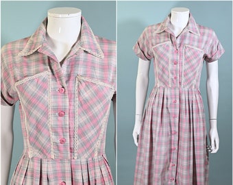 Vintage 40s/50s Pink Plaid Cottagecore Dress, Rhinestone Buttons S