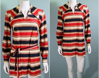 Vintage 60s Micro Mini Shift Dress w/Belt, Striped Mini Dress S