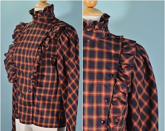 Vintage Prairie Blouse, Cottagecore Plaid Ruffled Top, Fall Halloween