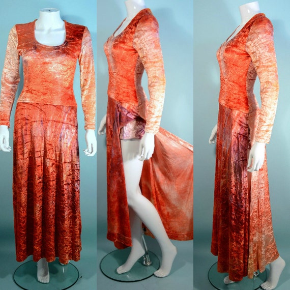 RARE Vintage Tie Dyed Velvet Maxi Dress+ Shorts, … - image 1