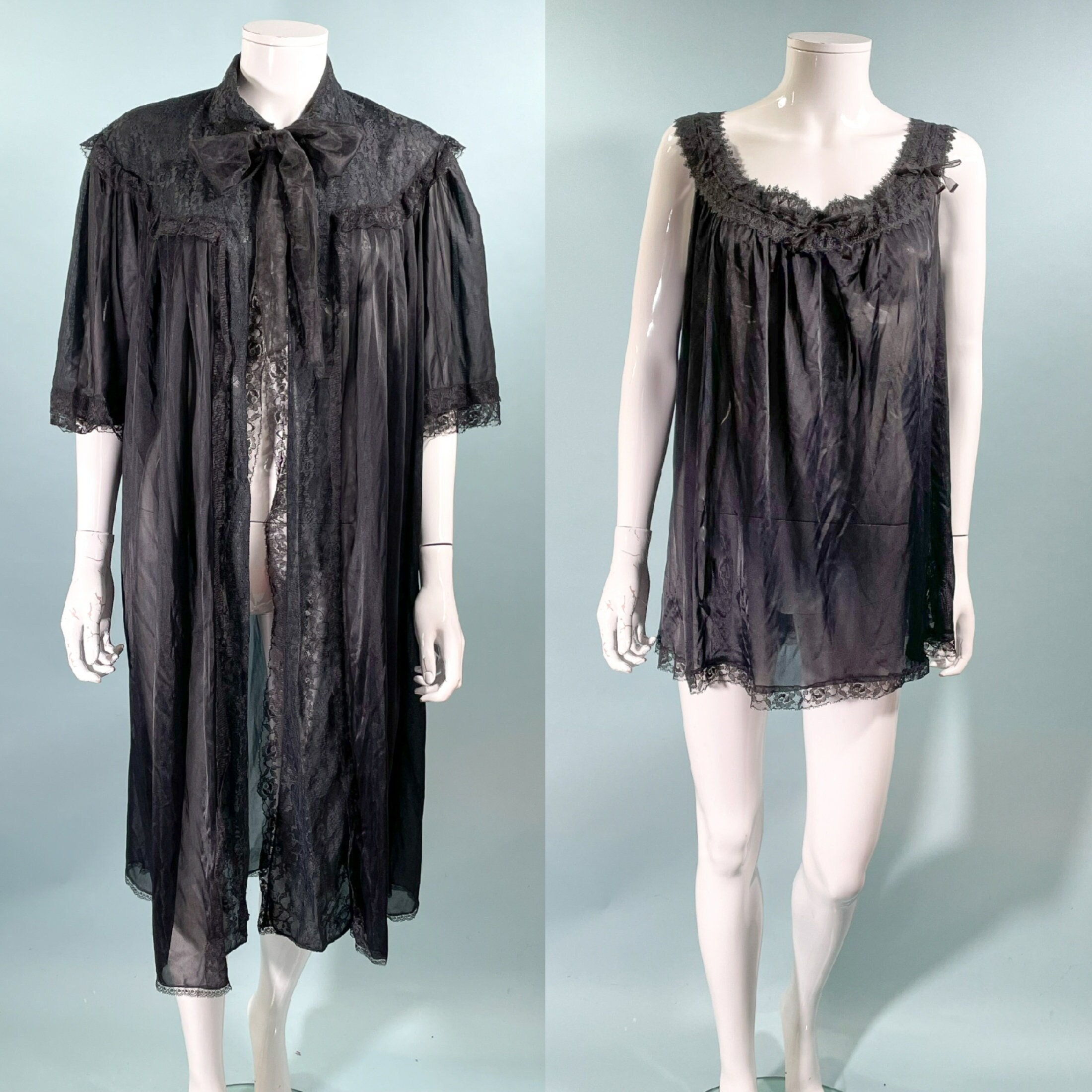 アンティークリネン　ナイティ Vintage Black Baby Doll Nightie/peignoir/negligee Set Juveta