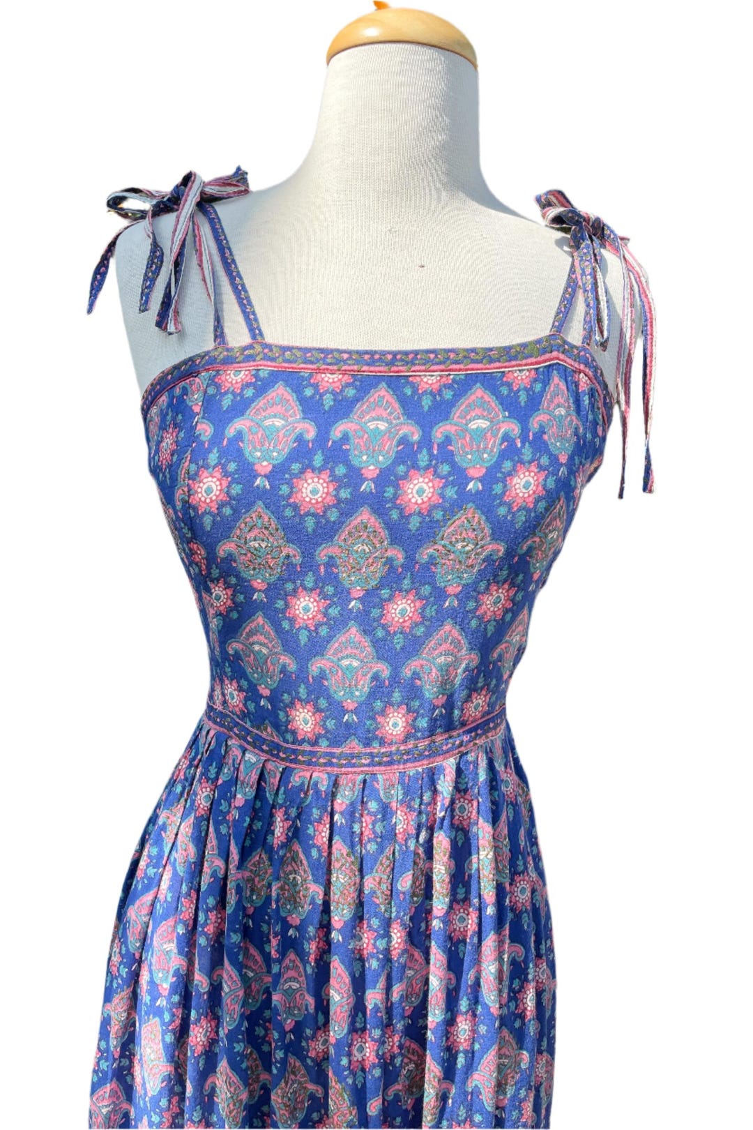 Adini Vintage 60s Strappy Sun Dress, Indian Block Print Dress, SZ